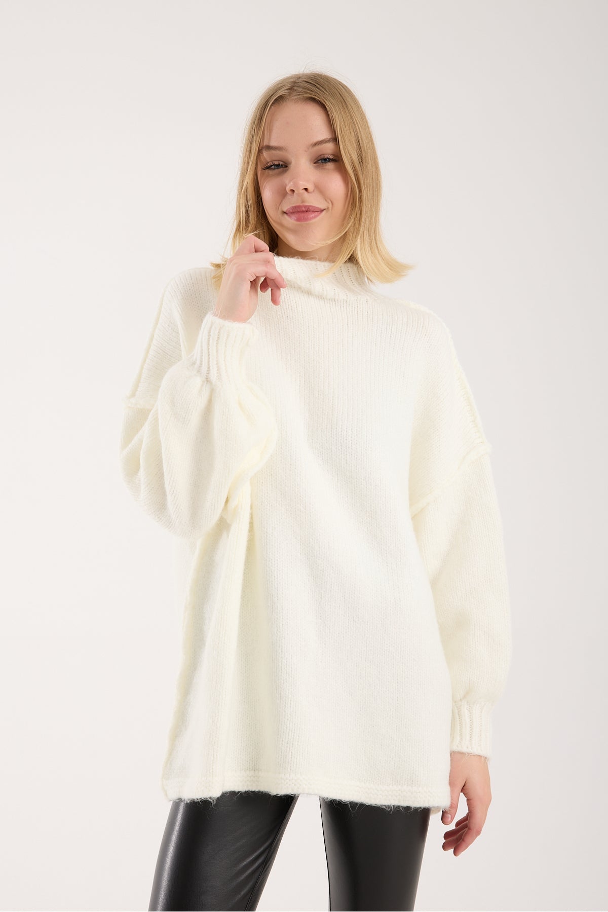 Toptan Yumoş ip ters dikiş oversize kadın kazak dik yaka 6513 Beyaz ürün görseli 1