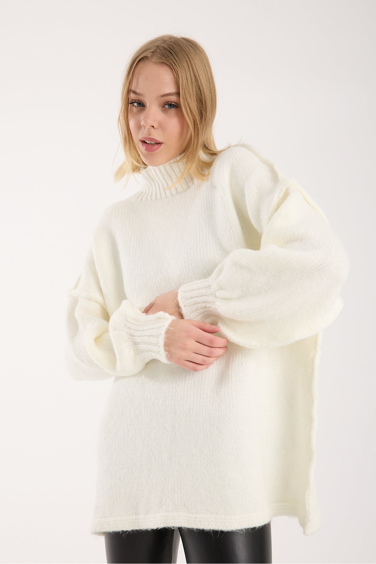 Toptan Yumoş ip ters dikiş oversize kadın kazak dik yaka 6513 Lacivert ürün görseli 5