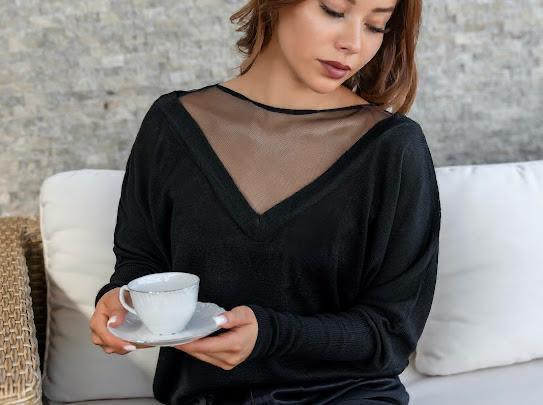 Toptan Yakası Tül Detaylı Ön Arka V Yaka Merserize Triko Kadın Kazak 8507 Kırmızı ürün görseli 2