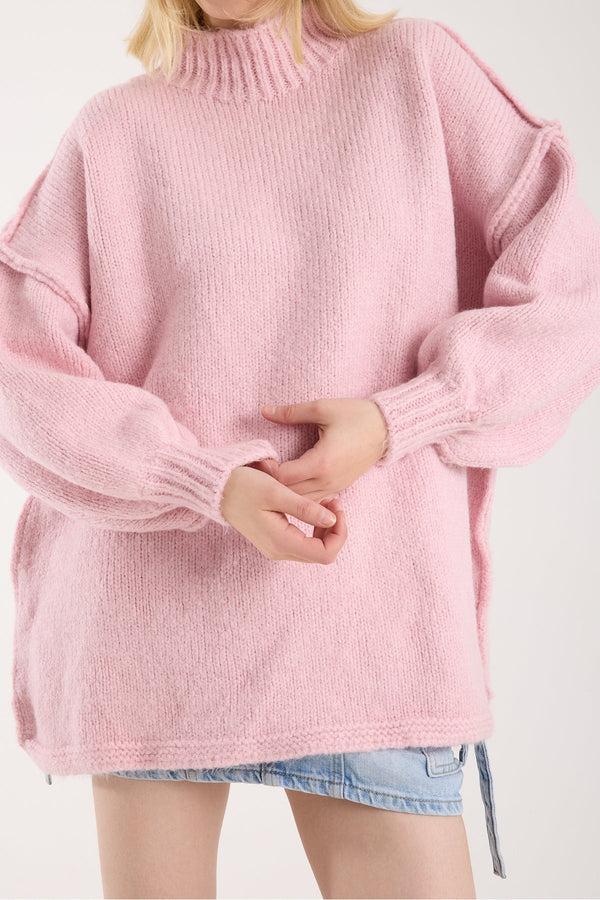 Toptan Yumoş ip ters dikiş oversize Kazak dik yaka 6'lı Paket | 6513 - Pembe