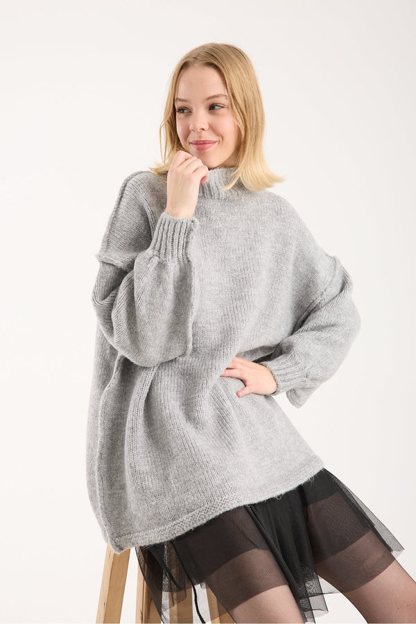 Toptan Yumoş ip ters dikiş oversize Kazak dik yaka 6'lı Paket | 6513 - Gri