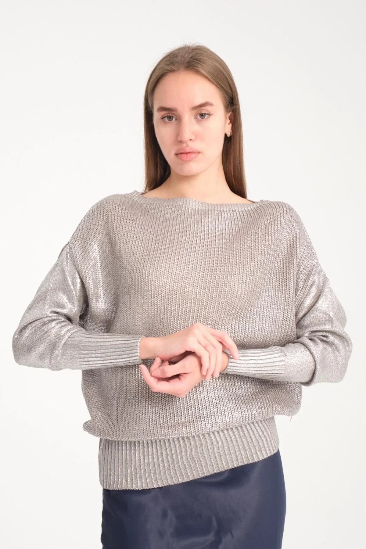 Toptan Kazak parlak varak baskı ışıltılı Triko Uzun Kol Kazak 6'lı Paket | 3523