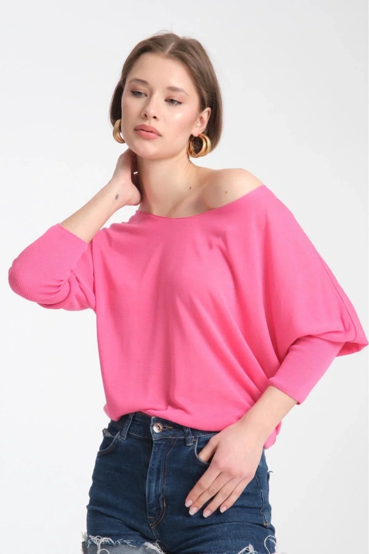 Toptan Bluz İnce Kazak U Yaka Omuz Düşük Uzun Kol Rahat Kalıp İnce Viskon Üst 6'lı Paket | 3500