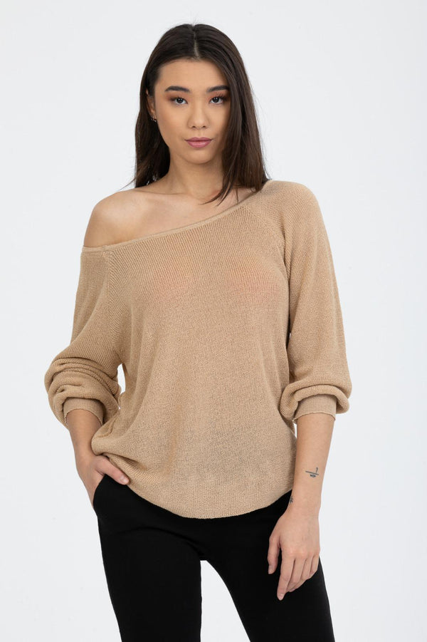 Toptan Bluz Triko Kazak Düşük Omuz Merserize Rahat Kalıp Örme Triko 6'lı Paket | 3322 - Camel
