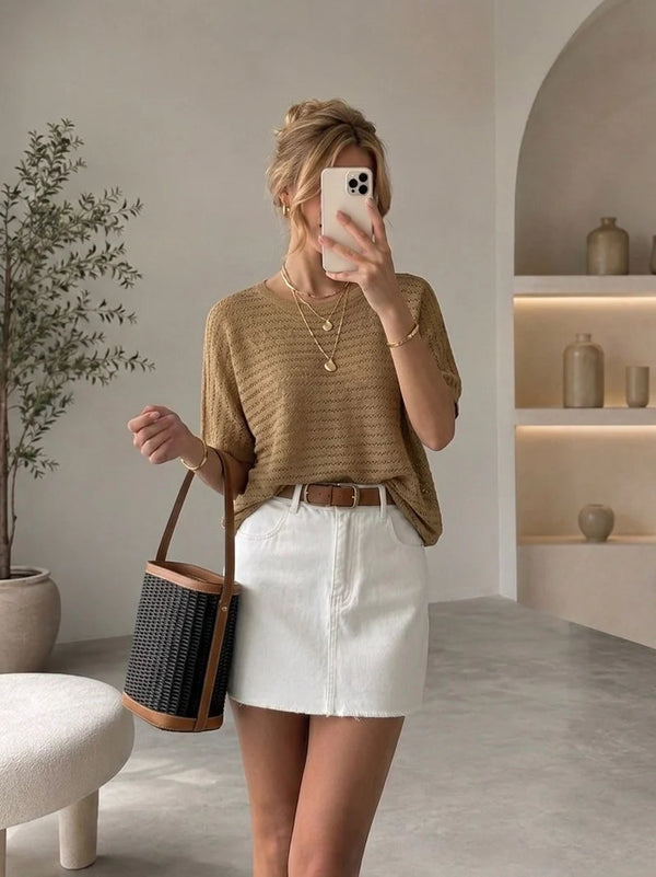 Toptan Triko Örme Salaş İnce Bluz 3619 6'lı Paket - Bej