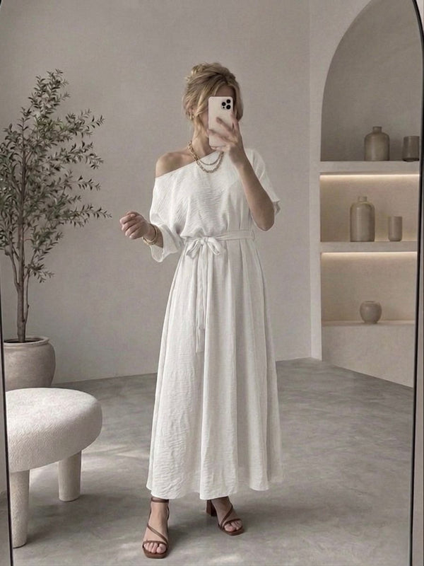 Toptan Kadın Keten Elbise 5735 6'lı Paket - Beyaz